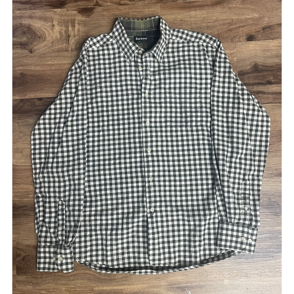 Barbour Men’s Check Button-Down Shirt — Dark Olive Green & White
